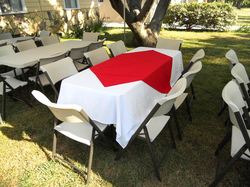 8x6_tablecloth_linen_red Table with Table Cloth Red Diamond center piece and chair combo