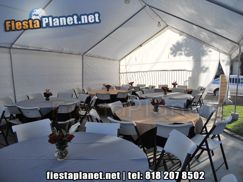 8x6_20x30_canopy_1 Canopy with Round 60" tables and white chairs with black round table cloths and brown diamond center piece