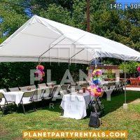 14ft x 30ft White Party Tent Rent shown with rectangular tables and plastic chairs