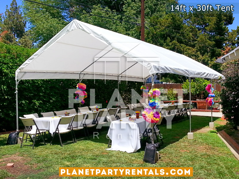 14ft x 30ft White Party Tent Rent shown with rectangular tables and plastic chairs