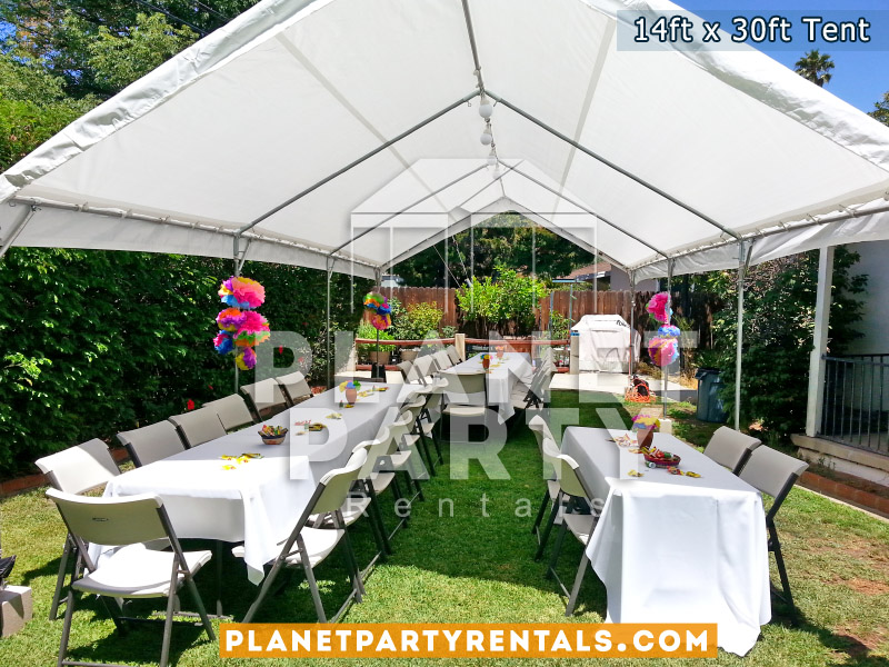 14ft x 30ft White Party Tent Rent shown with rectangular tables and plastic chairs