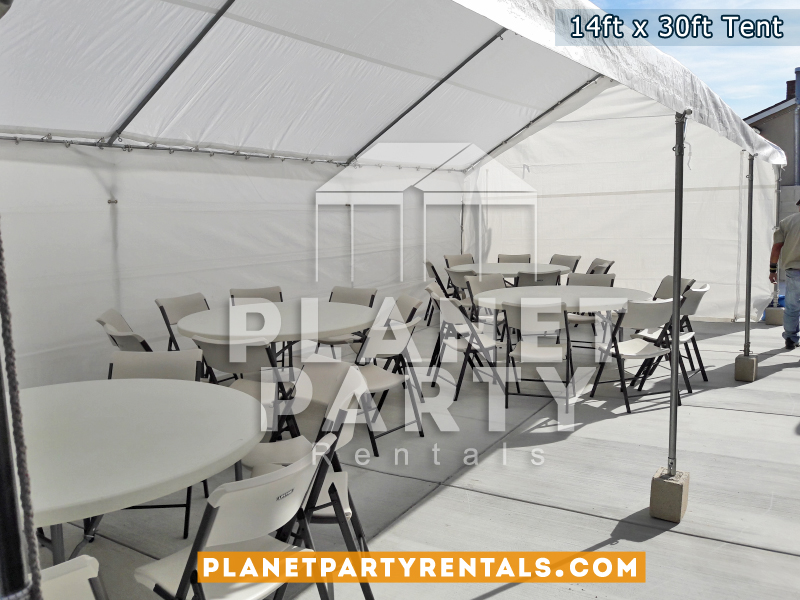 14ft x 30ft White Party Tent Rent shown with round tables and plastic chairs