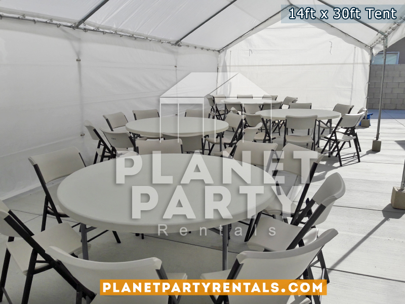 14ft x 30ft White Party Tent Rent shown with round tables and plastic chairs