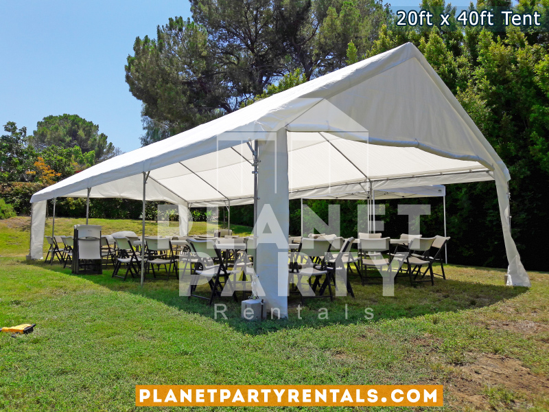 20x40 Tent with partial sidepanels setup on grass. Also shown are round tables and plastic chairs